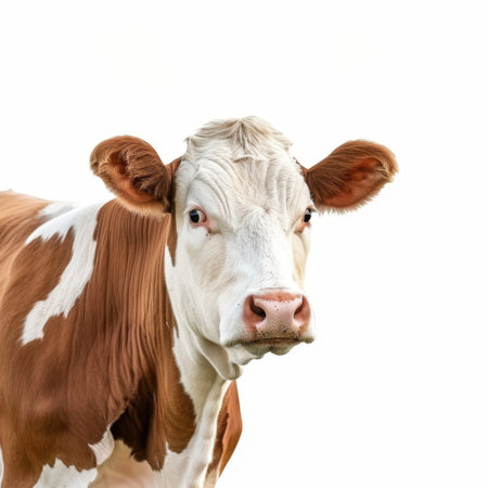 This stock photo showcases a close-up portrait of a brown and white dairy cow. The cow's expressive eyes and gentle demeanor capture the essence of rural life and agricultural themes.の素材