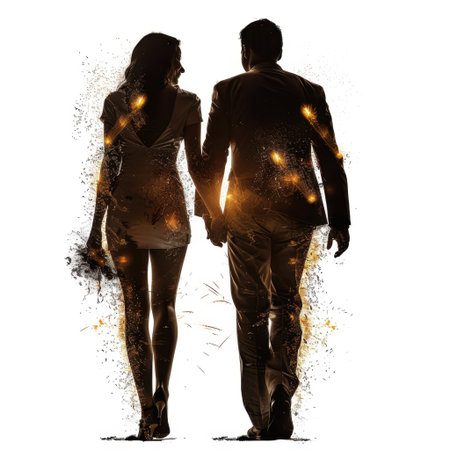 A stunning silhouette of a romantic couple holding hands against a backdrop of sparkles, capturing the essence of love and connection in a captivating scene.の素材
