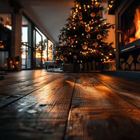 A serene living room scene showcasing a beautifully decorated Christmas tree next to a warm fireplace, illuminated by the soft glow of sunset light, evoking a cozy holiday ambiance.の素材