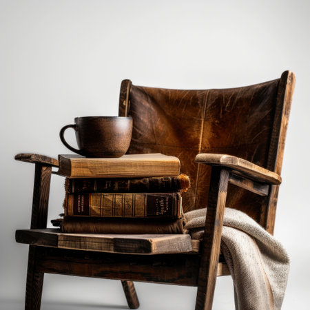 A tranquil reading nook featuring a rustic wooden chair, stacked books, a ceramic mug, and a soft blanket, bathed in warm sunlight, perfect for relaxation and comfort.の素材