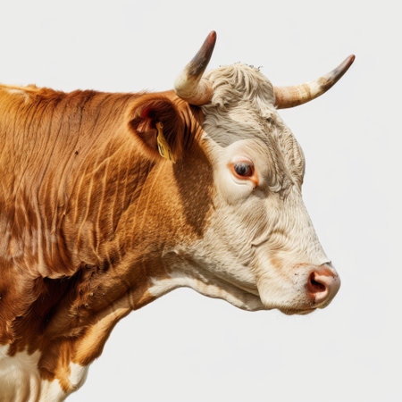This image features a close-up of a brown and white cow's head, highlighting its gentle expression. Perfect for showcasing rural life, agriculture, or animal welfare themes.の素材