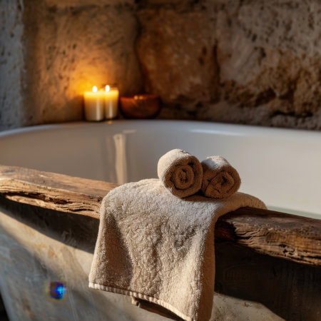 A serene bathroom setting featuring a cozy bathtub adorned with plush rolled towels and glowing candles, inviting a peaceful atmosphere for relaxation and self-care.の素材