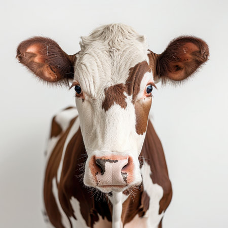 A stunning close-up view of a curious dairy cow featuring distinctive brown and white spots. The photo highlights its expressive face and serene demeanor against a simple background.の素材