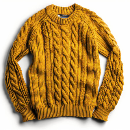 This cozy mustard knitted sweater features intricate cable patterns that bring warmth and style to any autumn outfit. Perfect for casual wear and layering.の素材