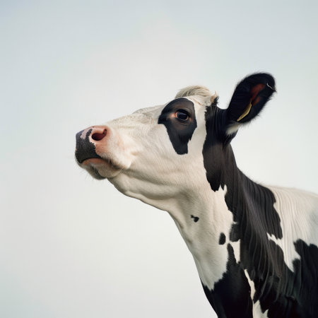 A captivating close-up of a black and white cow, highlighting its curious expression and intricate features surrounded by a soft, serene background in natural light.の素材