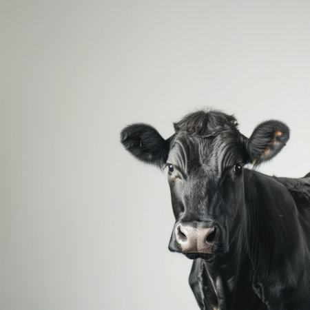 This close-up portrait features a black and white dairy cow against a neutral background. Perfect for themes related to agriculture, farming, and animal husbandry.の素材