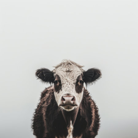 A playful cow gazes directly at the viewer, set against a soft, foggy backdrop. This image embodies the calm beauty of rural life, perfect for nature and animal lovers.の素材