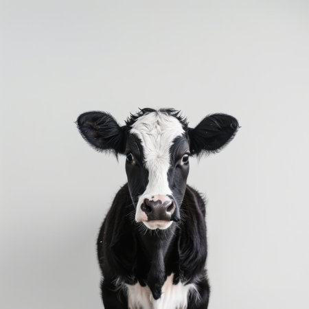 This charming image captures a young black and white cow with a calm expression looking directly at the camera, set against a neutral background, perfect for agricultural themes.の素材