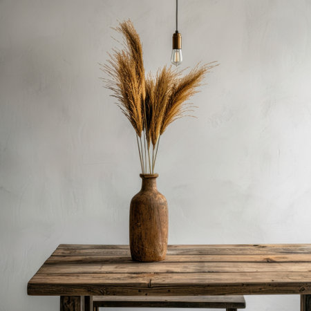 A beautiful display of dried pampas grass in a decorative vase on a rustic table. The minimalist background highlights the charm and warmth of the arrangement.の素材