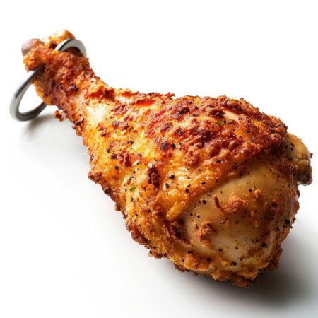 A close-up shot showcasing a crispy fried chicken drumstick with a golden breaded coating. The unique addition of a metal keyring adds quirky charm to the presentation.の素材