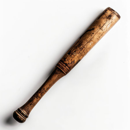 A vintage wooden baseball bat resting on a white background, showcasing its unique texture and character. Ideal for sports-themed projects or artistic displays.の素材