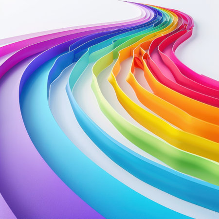 A stunning arrangement of colorful ribbons flows gracefully across a white background, creating an abstract display of vibrant colors and smooth curves that evoke joy.の素材