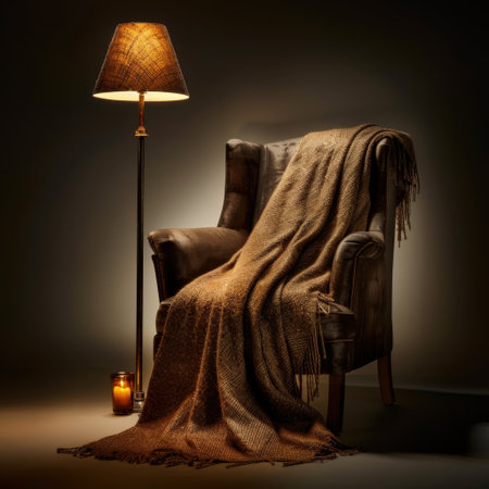 A cozy armchair adorned with a soft blanket and illuminated by warm light creates a serene indoor atmosphere, perfect for relaxation and peaceful evenings at home.の素材