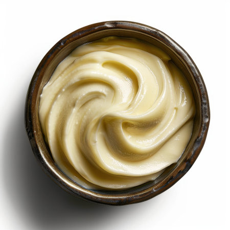 A creamy white sauce showcased in a rustic wooden bowl, highlighting its smooth texture and rich consistency, ideal for culinary creativity and food styling.の素材