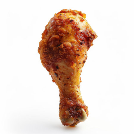 Mouthwatering fried chicken drumstick featuring a crispy skin and rich flavor, perfect for meal preparation, food photography, or culinary inspirations.の素材