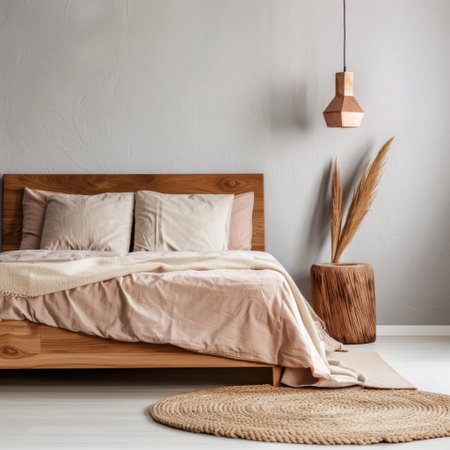 A serene and cozy modern bedroom featuring a wooden bed adorned with soft linens, emphasizing a calming color palette, perfect for relaxation and comfort.の素材