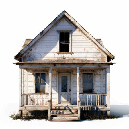 Discover a weathered old house in a rural setting, showcasing peeling paint and rustic charm. This abandoned structure evokes nostalgia and the passage of time.の素材