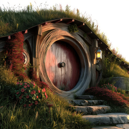 A whimsical hobbit house features a round door and is surrounded by vibrant flowers and lush greenery. This enchanting scene captures the essence of a serene fantasy landscape.の素材