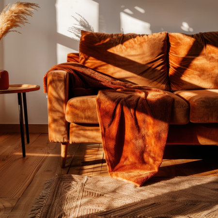 A beautiful living room scene filled with warmth and comfort, featuring a brown couch, a soft blanket, and natural decor elements, inviting relaxation and tranquility.の素材