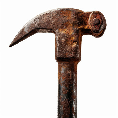 Close-up view of a rustic hammer with a weathered surface, showcasing its sturdy design and unique character, perfect for projects in woodworking or repairs.の素材