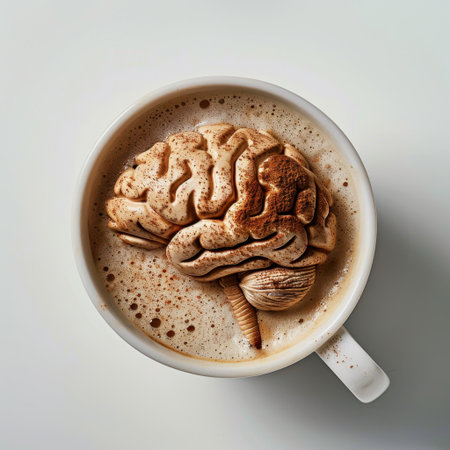 This imaginative food art displays a coffee cup with intricate foam resembling a human brain. Perfect for showcasing creativity in culinary design and beverage culture.の素材