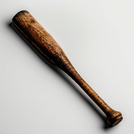 This vintage wooden baseball bat features a close-up view showcasing its natural wood grain and texture, perfect for sports-themed projects or decor elements.の素材
