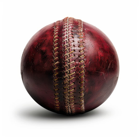 This image captures a vintage red cricket ball with detailed stitching and a worn surface, ideal for sports lovers and cricket enthusiasts seeking authentic visuals.の素材