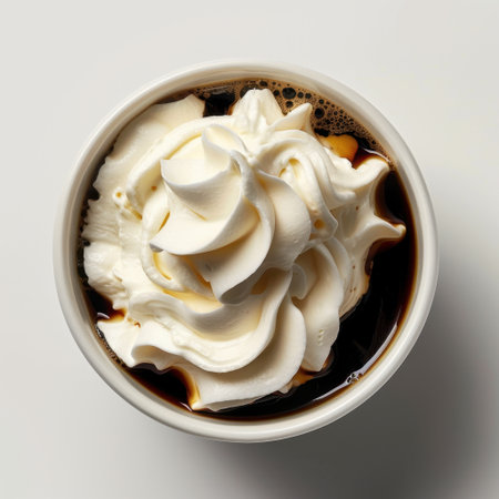 A top-down view of a delicious coffee topped with smooth whipped cream, capturing the indulgent moment perfect for food styling and beverage advertisements.の素材