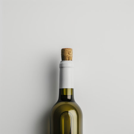 A stylish bottle of white wine with a cork top resting on a pure white surface, ideal for showcasing beverages in elegant dining or promotional settings.の素材