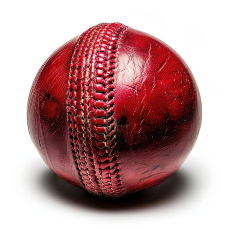 Captivating close-up of a vintage red cricket ball showcasing its textured leather and precise stitching. Perfect for sports-related illustrations and designs.の素材