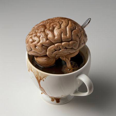 This imaginative artwork depicts a brain made of chocolate resting in a coffee cup, merging concepts of creativity and cognition in an eye-catching visual.の素材