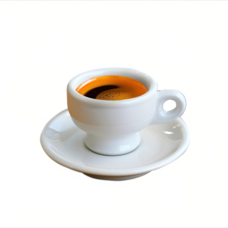 A pristine white ceramic cup filled with rich espresso sits on a matching plate, showcasing a perfect coffee moment ideal for beverage enthusiasts and culinary contexts.の素材