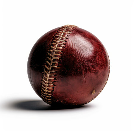 A classic red leather baseball rests prominently on a clean white background, showcasing its intricate stitches and textures, ideal for sports-themed visuals or designs.の素材