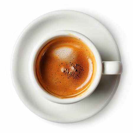 This stunning close-up captures a freshly brewed espresso in a white ceramic cup, highlighting the rich foam and dark color. Perfect for coffee lovers.の素材