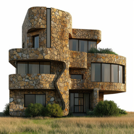 A striking modern home with a distinctive stone exterior, surrounded by lush vegetation, offering a blend of art and nature in an inspiring outdoor setting.の素材