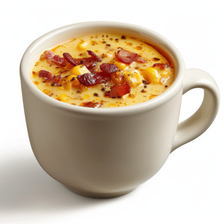 Indulge in a rich and creamy corn chowder served in a chic ceramic cup, topped with crispy bacon and fresh herbs for a delicious taste of comfort.の素材