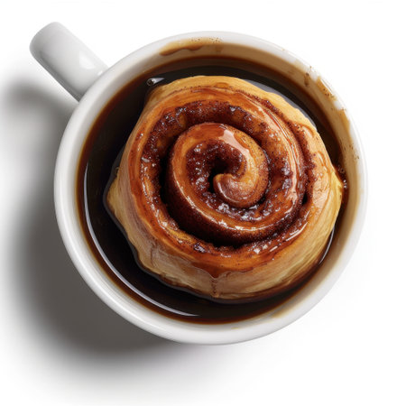 A scrumptious cinnamon roll rests in a white mug filled with rich chocolate coffee, creating an inviting scene perfect for food lovers and photographers.の素材