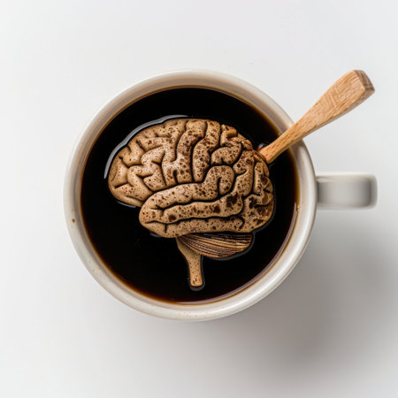 An artistic representation of a coffee cup with a brain-shaped foam design, symbolizing creativity and morning inspiration, offering a unique perspective for coffee lovers.の素材