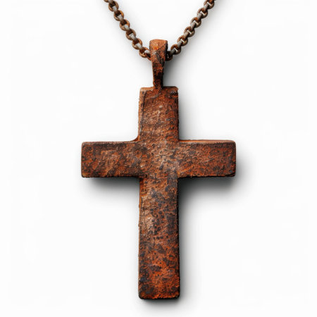 This image showcases a vintage rusty cross pendant on a chain, featuring intricate textures and details. Perfect for themes of faith and antique jewelry.の素材