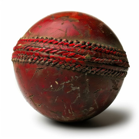 A close-up view of a classic red cricket ball, highlighting its authentic scuffs and intricate stitching. Perfect for sports enthusiasts and cricket lovers.の素材