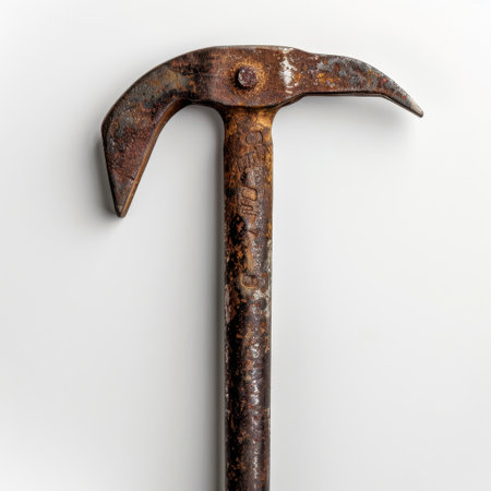 A rustic crowbar displaying rich textures of rust and wear, set against a clean white backdrop, emphasizing its unique design and industrial character.の素材