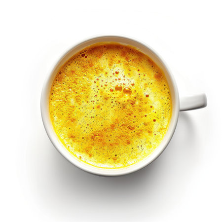 A vibrant golden turmeric latte served in a white mug, perfect for anyone seeking a flavorful and healthy beverage option for nourishment and comfort.の素材