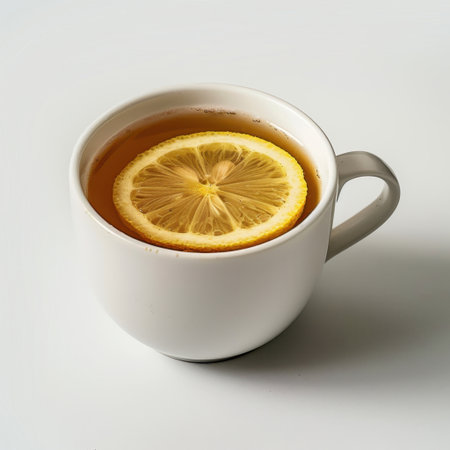 A cozy cup of freshly brewed tea features a vibrant lemon slice, providing a refreshing twist. Perfect for culinary presentation, relaxing moments, or healthy choices.の素材