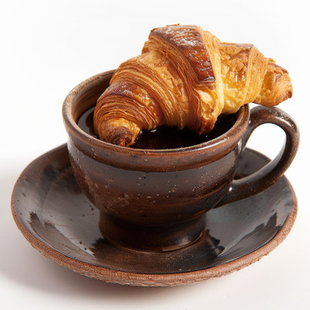 A beautifully arranged scene featuring a freshly baked croissant resting on the rim of a dark coffee-filled ceramic cup, creating a cozy breakfast atmosphere.の素材