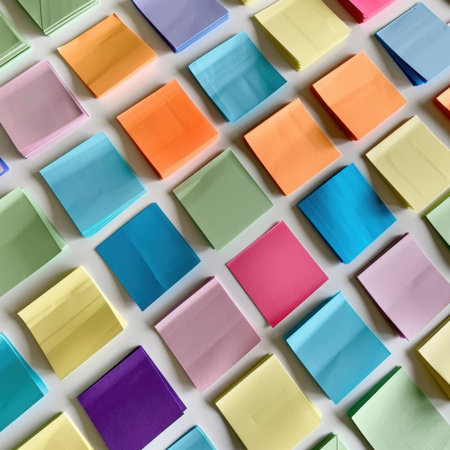 A vibrant array of sticky notes in various colors lay neatly on a white desk, showcasing a creative workspace ideal for organization and brainstorming activities.の素材