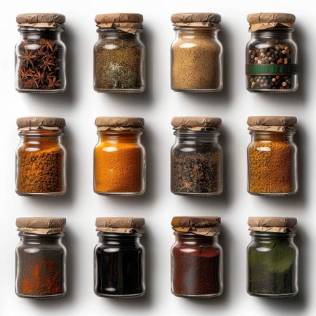 Vibrant jars of various spices displayed on a clean white background. Each jar is beautifully crafted, showcasing different colors and textures, perfect for culinary use.の素材