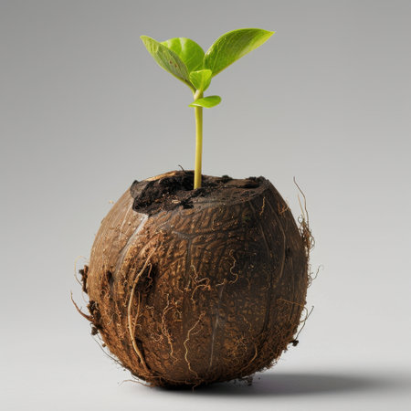 This image showcases a tiny green sprout emerging from a spherical seed ball, symbolizing renewal and growth in nature. Perfect for themes of agriculture and ecology.の素材