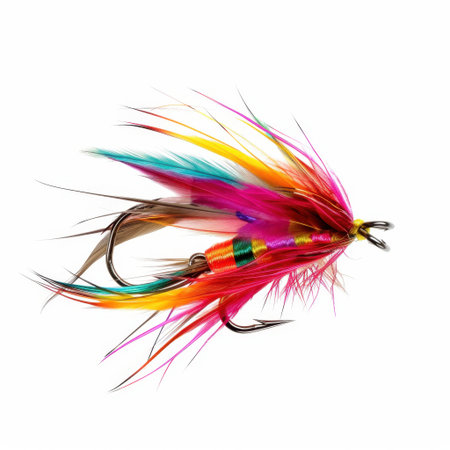 This striking fishing lure features vibrant feathers and a shiny hook, designed to attract fish in both freshwater and saltwater environments. A must-have for anglers.の素材