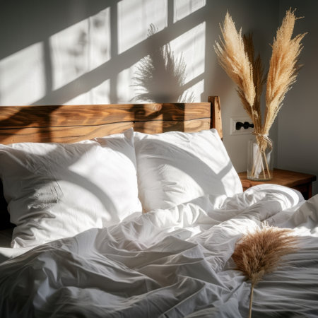 A serene bedroom scene featuring soft white linens and a sleek wooden headboard, illuminated by warm natural light creating a tranquil and inviting atmosphere.の素材