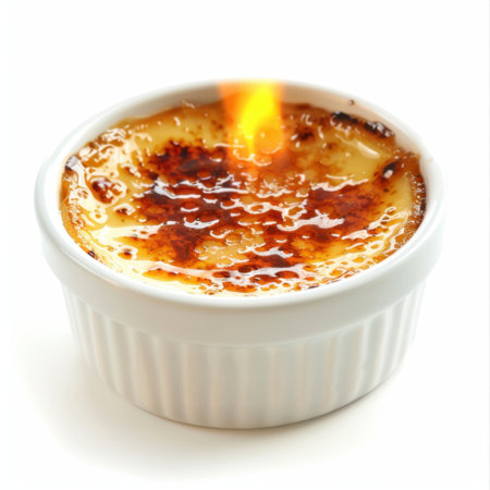 A gourmet custard dessert featuring a perfectly caramelized sugar top with flames, showcasing a delightful blend of textures and flavors, ideal for any special occasion.の素材